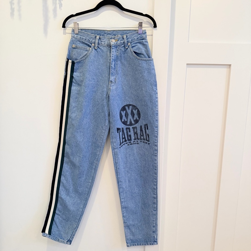 Tag Rag Vintage 90's High Rise Women's Jeans Green Black Stripe & Stamp Detail